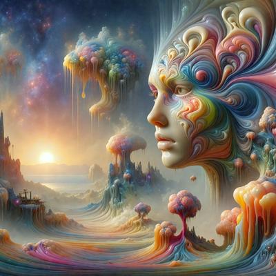 The primary subject of the image is a woman's face, which is the focal point of the artwork. The setting is a vibrant, colorful, and surreal environment, with a backdrop of a sunset and a sky filled with clouds. The visual style is a combination of digital art and illustration, creating a unique and captivating image. The colors and mood of the artwork are lively and dreamlike, with a strong emphasis on the woman's face and the surrounding landscape.